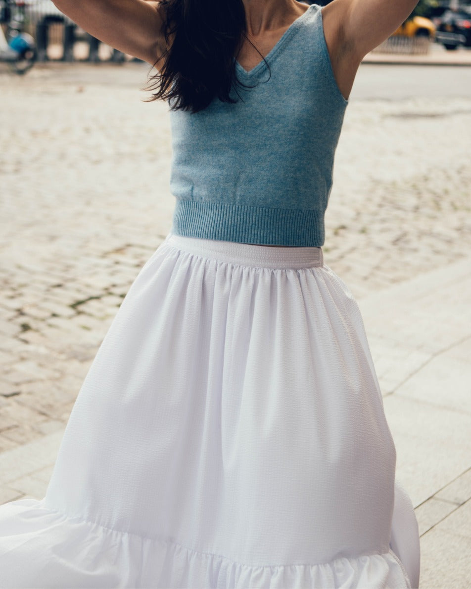 The Cote D'Azur Peasant Skirt worn on cobblestones