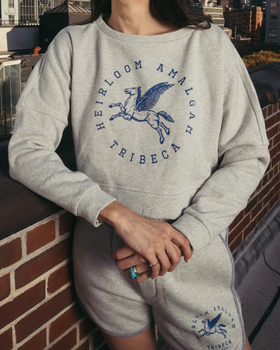 The TriBeCa Varsity set worn on a rooftop