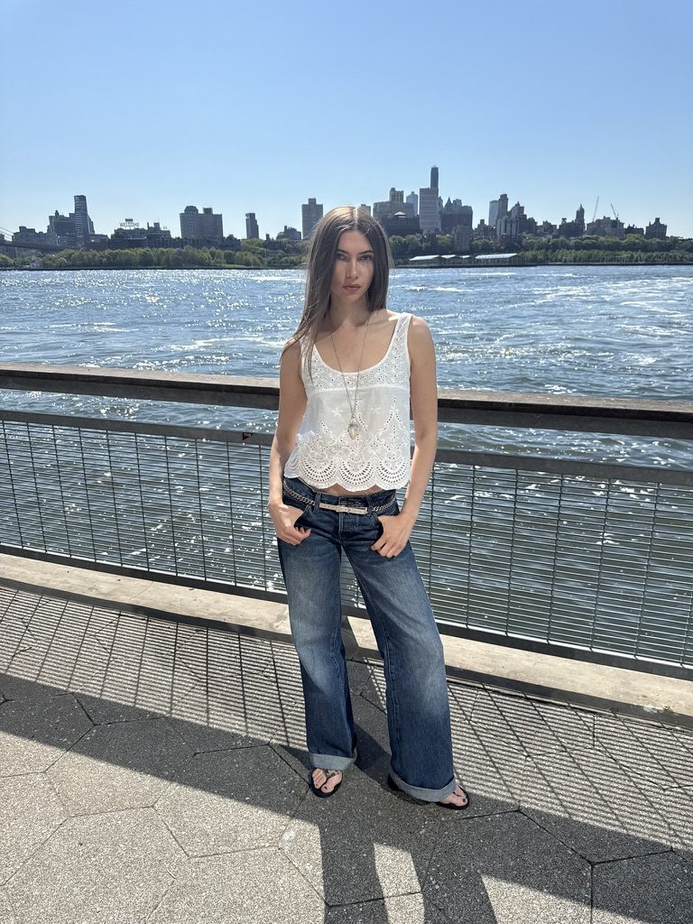 The Coquette Blouse worn with vintage denim on the Hudson waterfront