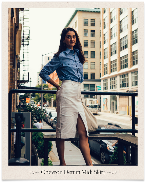 Chevron Denim Midi Skirt